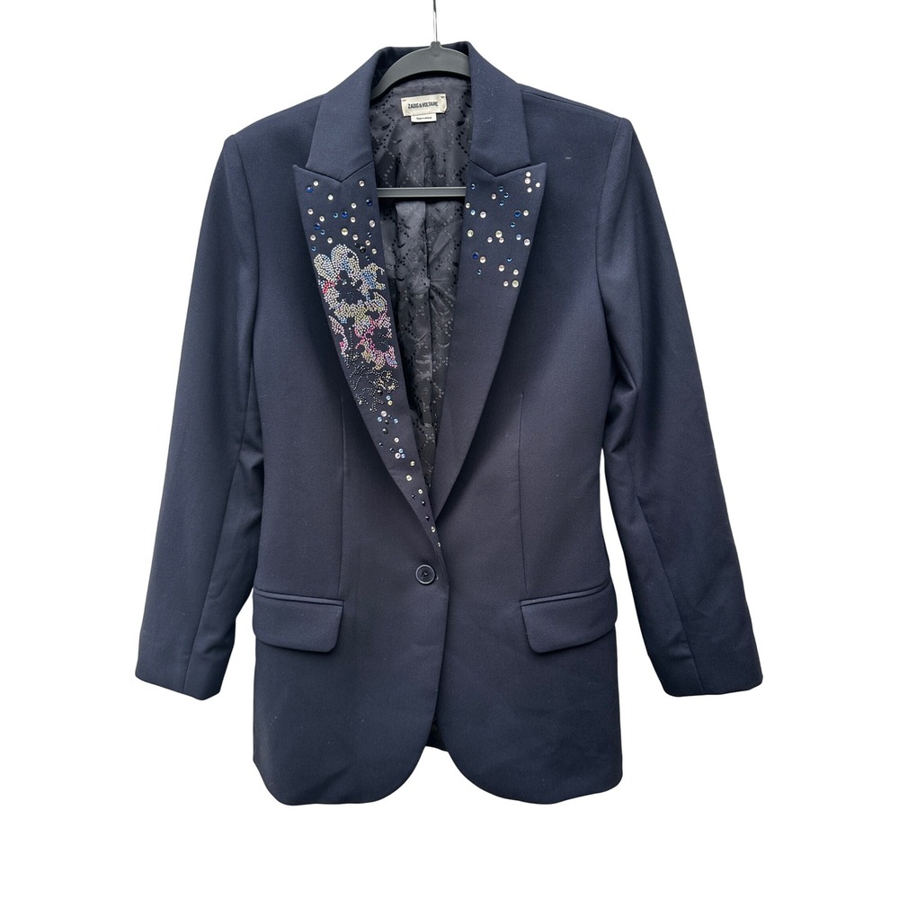 Zadig & Voltaire Viva Strass Flower Navy Blue Rhinestone Blazer FR 42 US 10